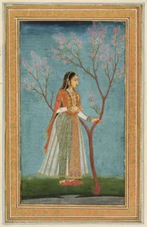 Signora in piedi accanto a un albero in fiore, dal Piccolo Album Clive